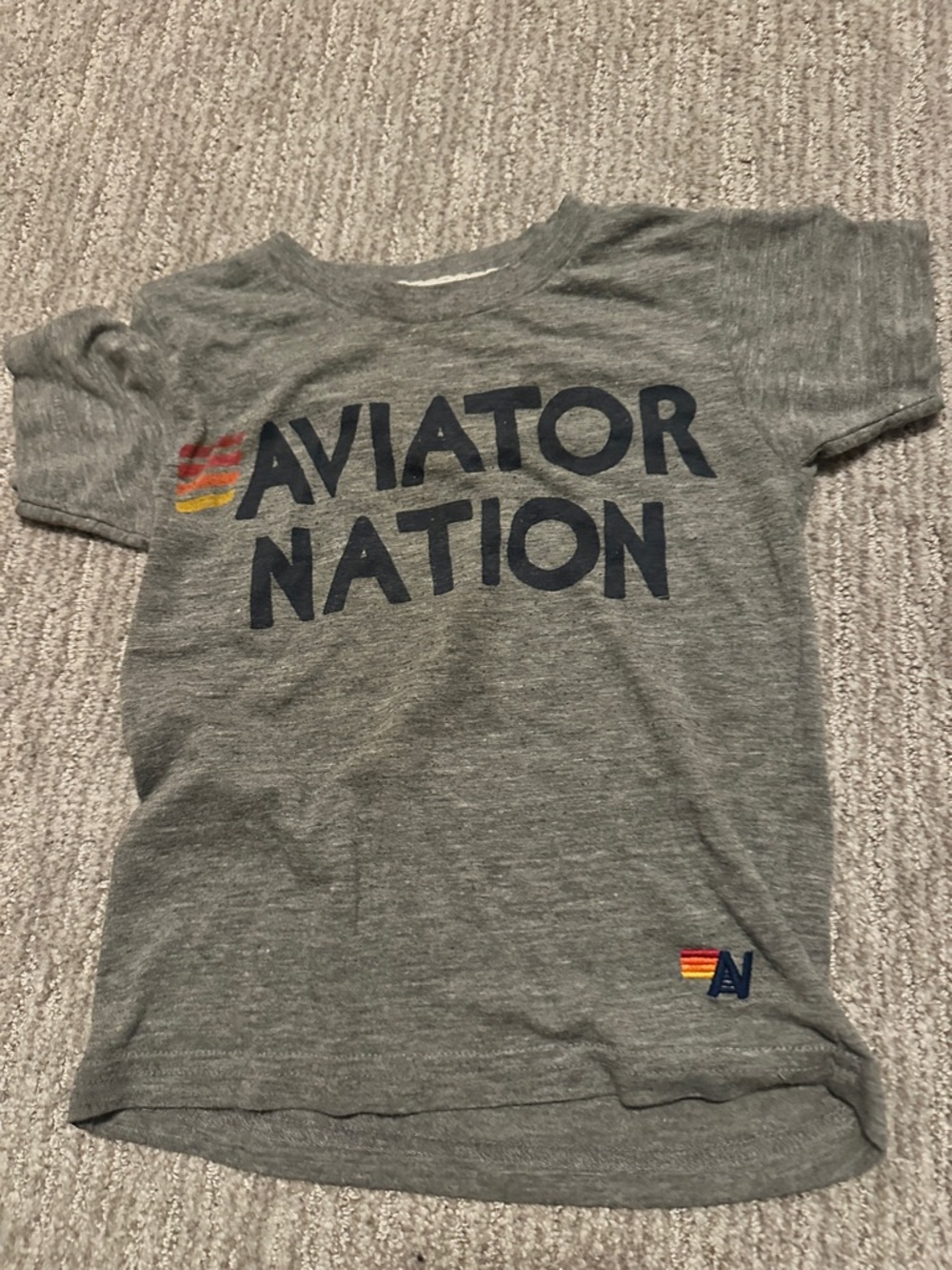 Aviator Nation Kids Grey Tee with Navy Logo and Rainbow Stripes